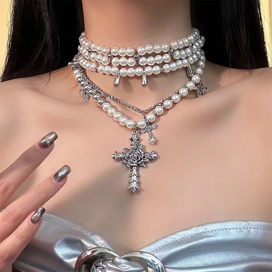 Baroque Pearl Cross with Multi-layer Choker Necklace