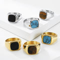 Men's Stainless Steel Signet Ring - Turquoise, Tiger Eye or Black Stone