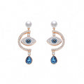 Pearl & Blue Crystal Evil Eye Crescent Earrings – Rose Gold Tone