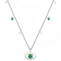 Green Crystal & Pearl Evil Eye Necklace – Silver Tone