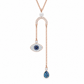 Blue Evil Eye & Teardrop Lariat Necklace – Rose Gold Tone