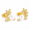 Pearl-Style Leaf Stud Earrings – Gold Tone