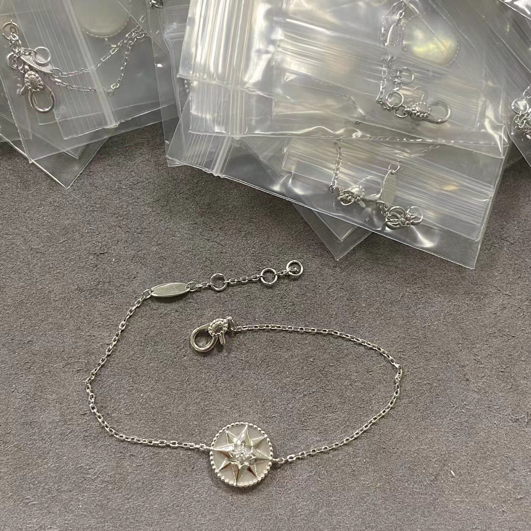 Silver-tone white-inlay Eight-Point Star Compass bracelet with adjustable chain for stacking