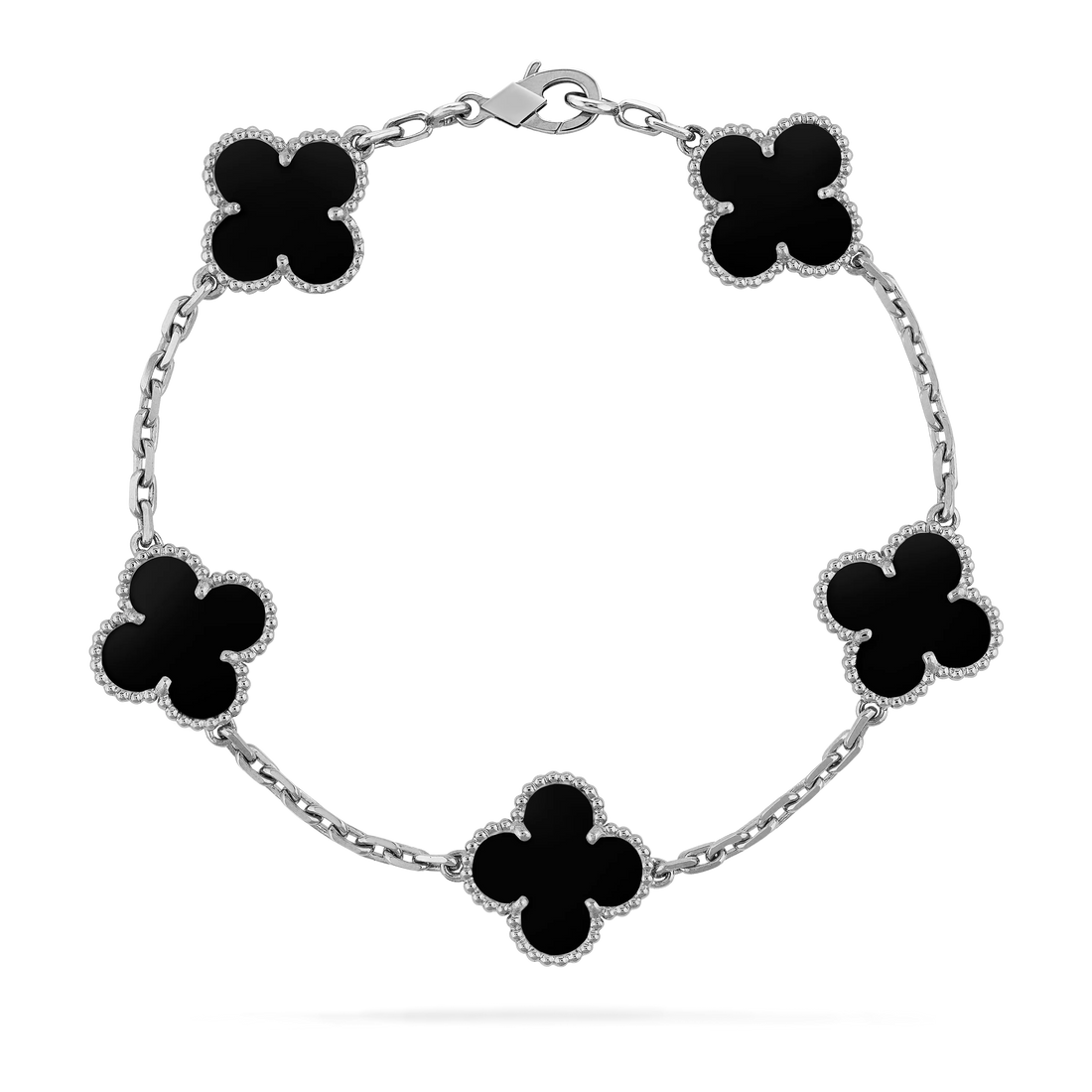 Black five-motif clover bracelet with a cool-tone chain