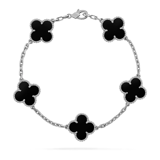 Black five-motif clover bracelet with a cool-tone chain