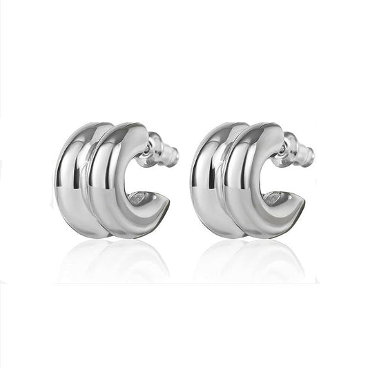 Pair of silver-tone stainless steel layered C-hoop stud earrings