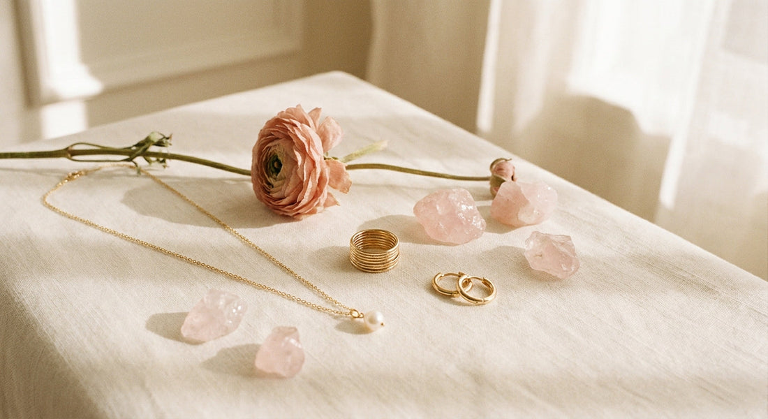 A flat lay of delicate gold jewelry pieces including a pendant necklace, stacking rings, and hoop earrings arranged on ivory linen with dried flowers and rose quartz crystals in warm natural light.