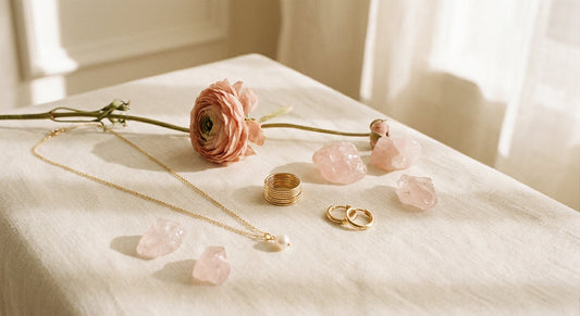 A flat lay of delicate gold jewelry pieces including a pendant necklace, stacking rings, and hoop earrings arranged on ivory linen with dried flowers and rose quartz crystals in warm natural light.