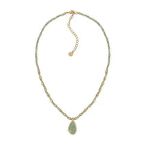 Gold tone faceted green beaded necklace with teardrop stone pendant