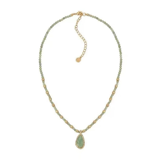 Gold tone faceted green beaded necklace with teardrop stone pendant