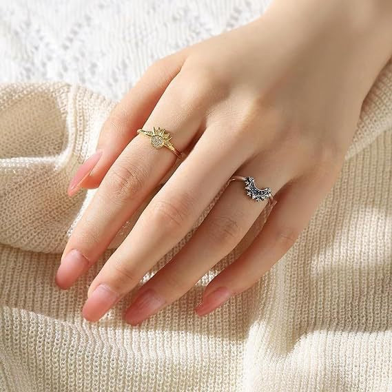 Sun and moon adjustable open rings worn on a hand