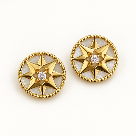 Pair of gold-tone white-inlay eight-point compass star stud earrings