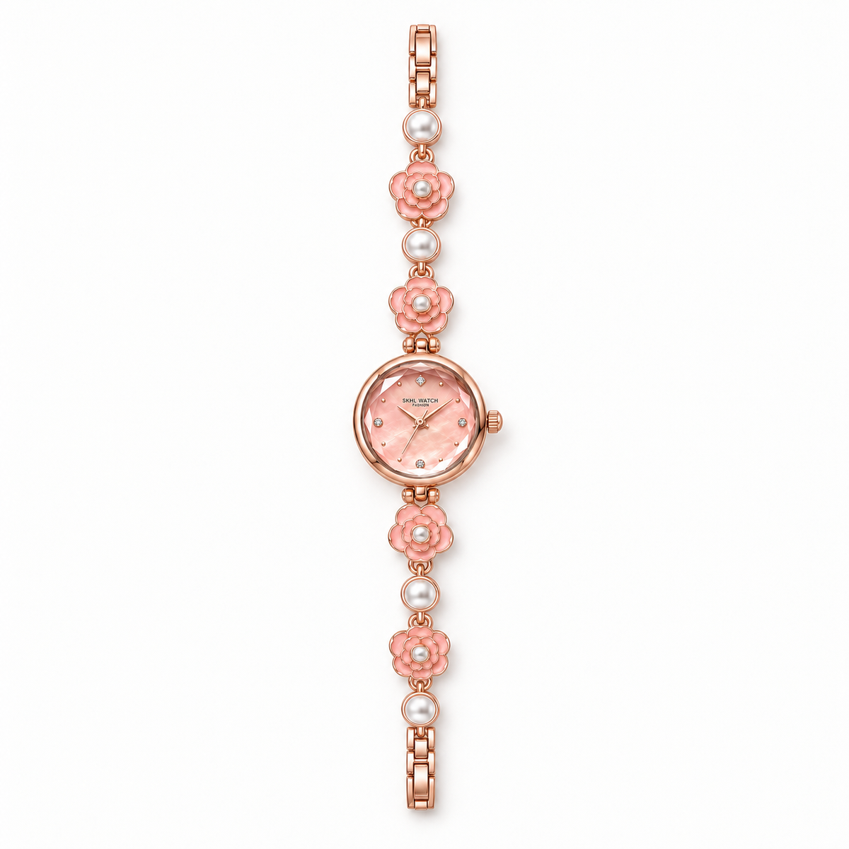 Pink SKHL camellia quartz bracelet watch with rose-gold-tone floral links and white pearl-like accents