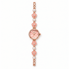Pink SKHL camellia quartz bracelet watch with rose-gold-tone floral links and white pearl-like accents