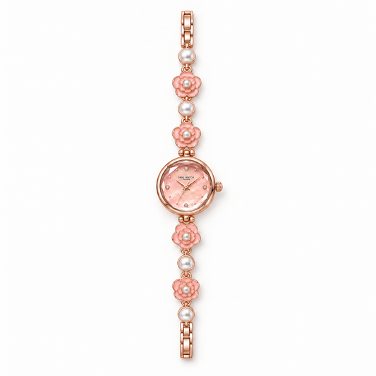 Pink SKHL camellia quartz bracelet watch with rose-gold-tone floral links and white pearl-like accents