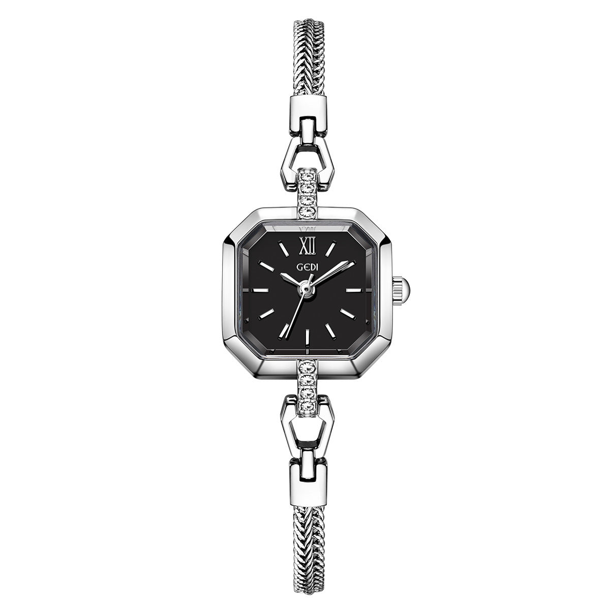 GEDI black-dial octagonal quartz watch with silver-tone braided bracelet and Roman XII hour marker