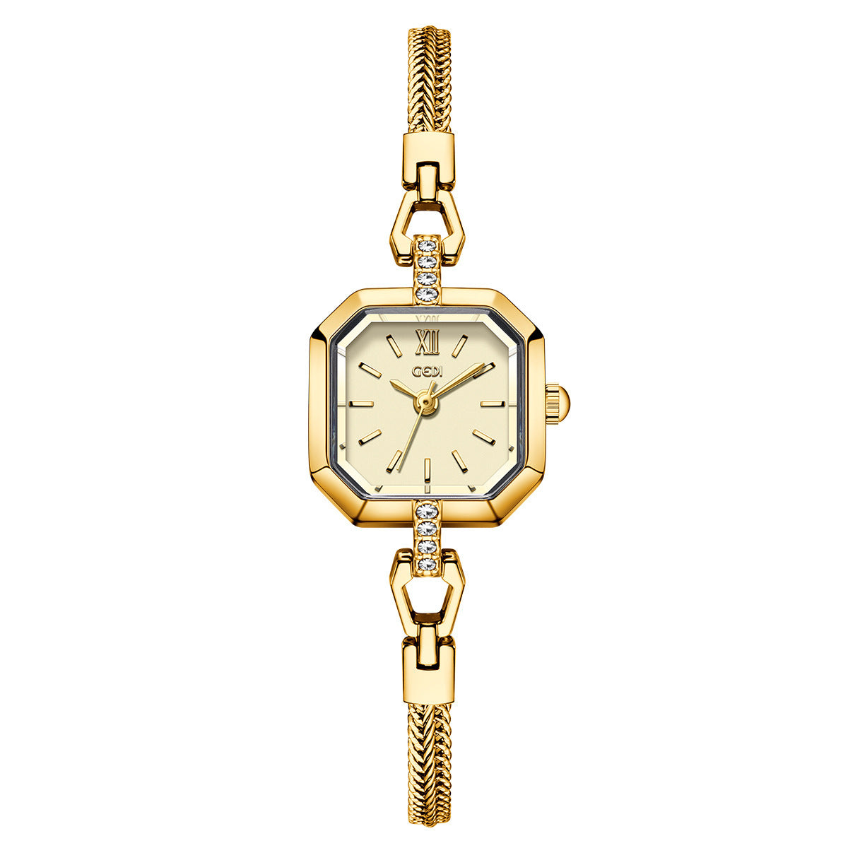 GEDI octagonal quartz watch with pale gold dial and gold-tone narrow braided bracelet