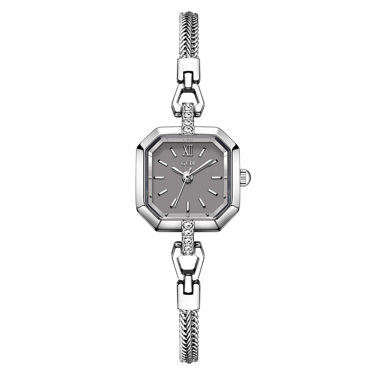 GEDI gray-dial octagonal quartz watch with silver-tone braided bracelet and polished angular case