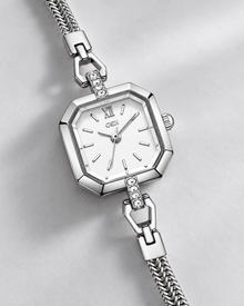 Silver-tone GEDI octagonal bracelet watch with white dial, Roman XII marker and clear stone-set connectors