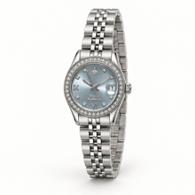 Ice-blue dial women's quartz watch with sparkling bezel, date window and silver-tone stainless steel bracelet