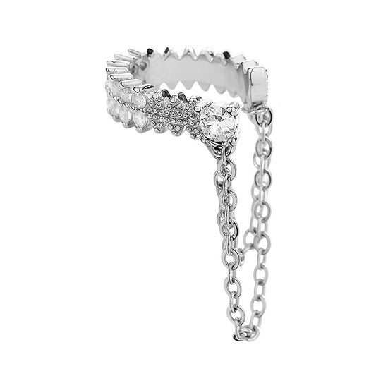 Single silver-tone crystal double-chain ear cuff on a white background