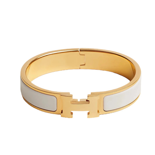 Signature H-Clasp Bangle – Minimalist & Secure Lock Bracelet, Everyday Luxury (Gold / White)