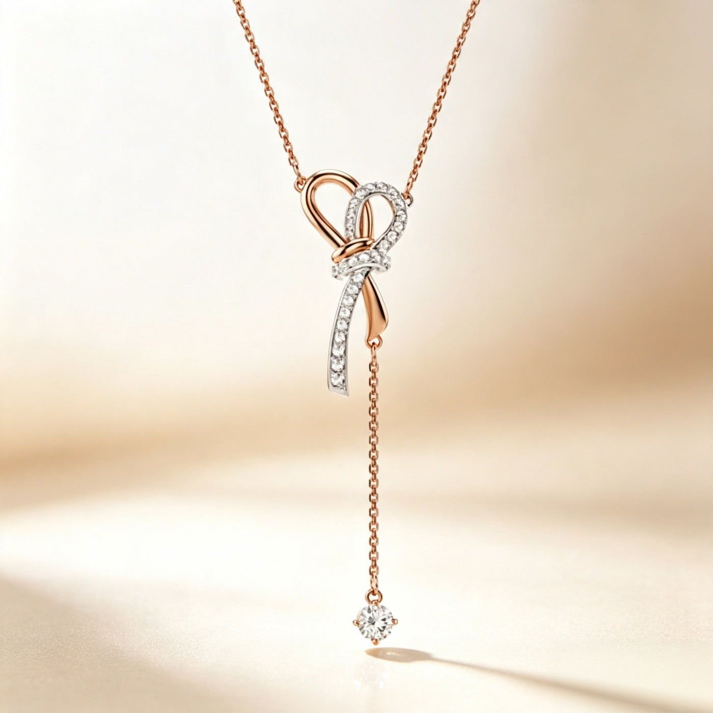 Bow Knot Lariat Necklace - Rose Gold Tone with clear zircon accents