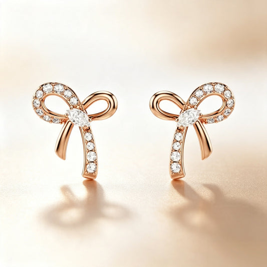 Pavé Bow Stud Earrings - Rose Gold Tone with clear zircon accents