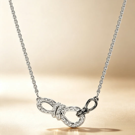 Asymmetric Double Bow Knot Necklace - Silver Tone with clear zircon accents