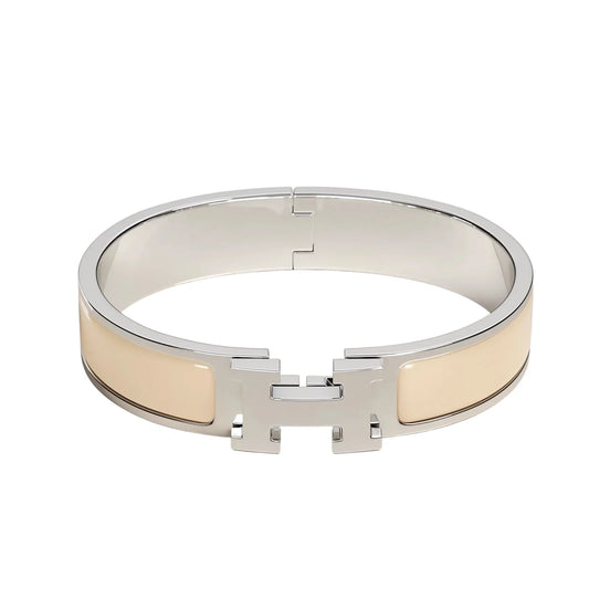 Signature H-Clasp Bangle – Minimalist & Secure Lock Bracelet, Everyday Luxury (Sliver / Beige)