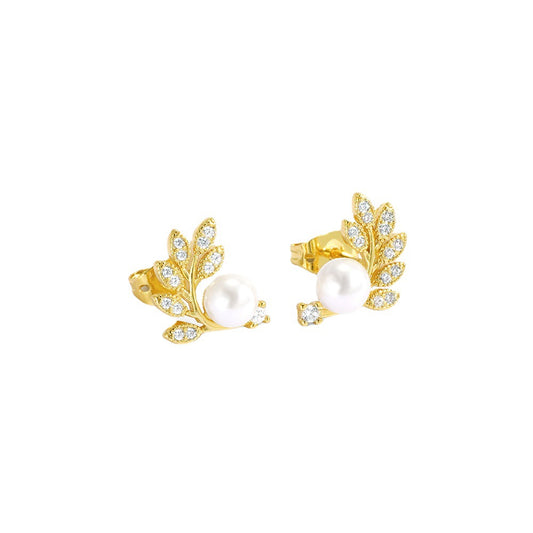 Olive leaf pearl stud earrings with diamonds