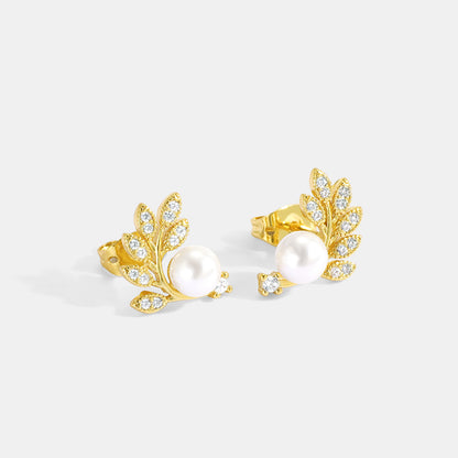 Olive leaf pearl stud earrings with diamonds