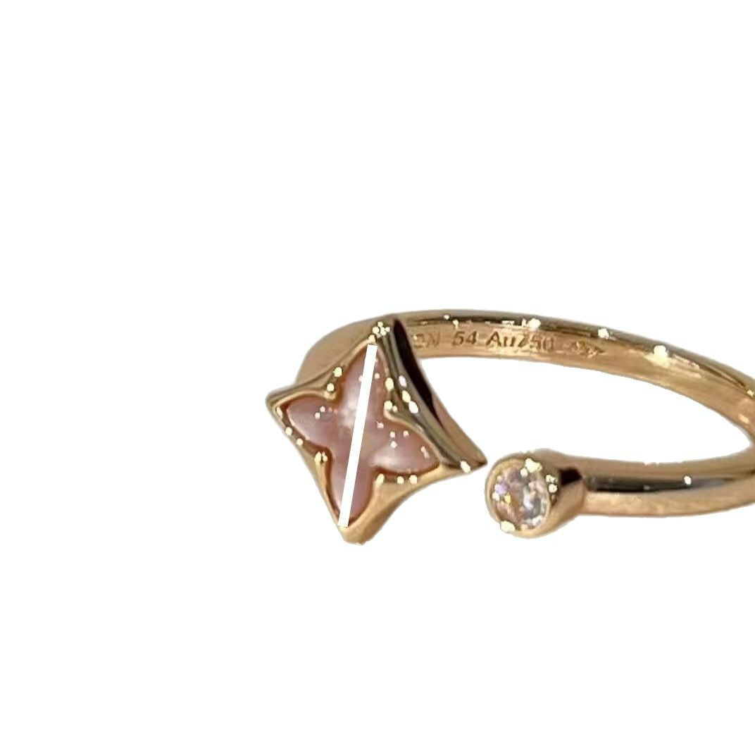 V gold square round fritillary ring-CNC fine engraving