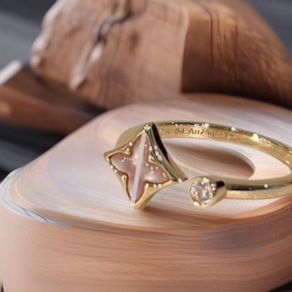 V gold square round fritillary ring-CNC fine engraving
