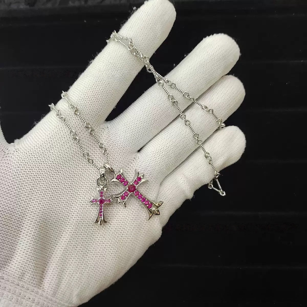 Double Cross Platinum Necklace