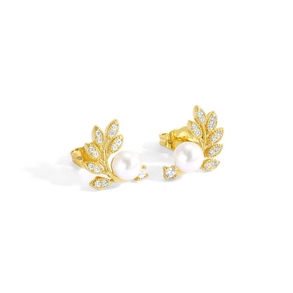 Olive leaf pearl stud earrings with diamonds