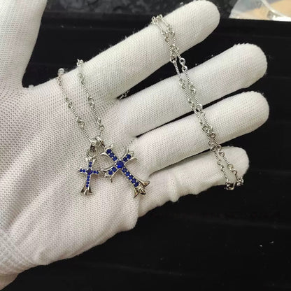 Double Cross Platinum Necklace