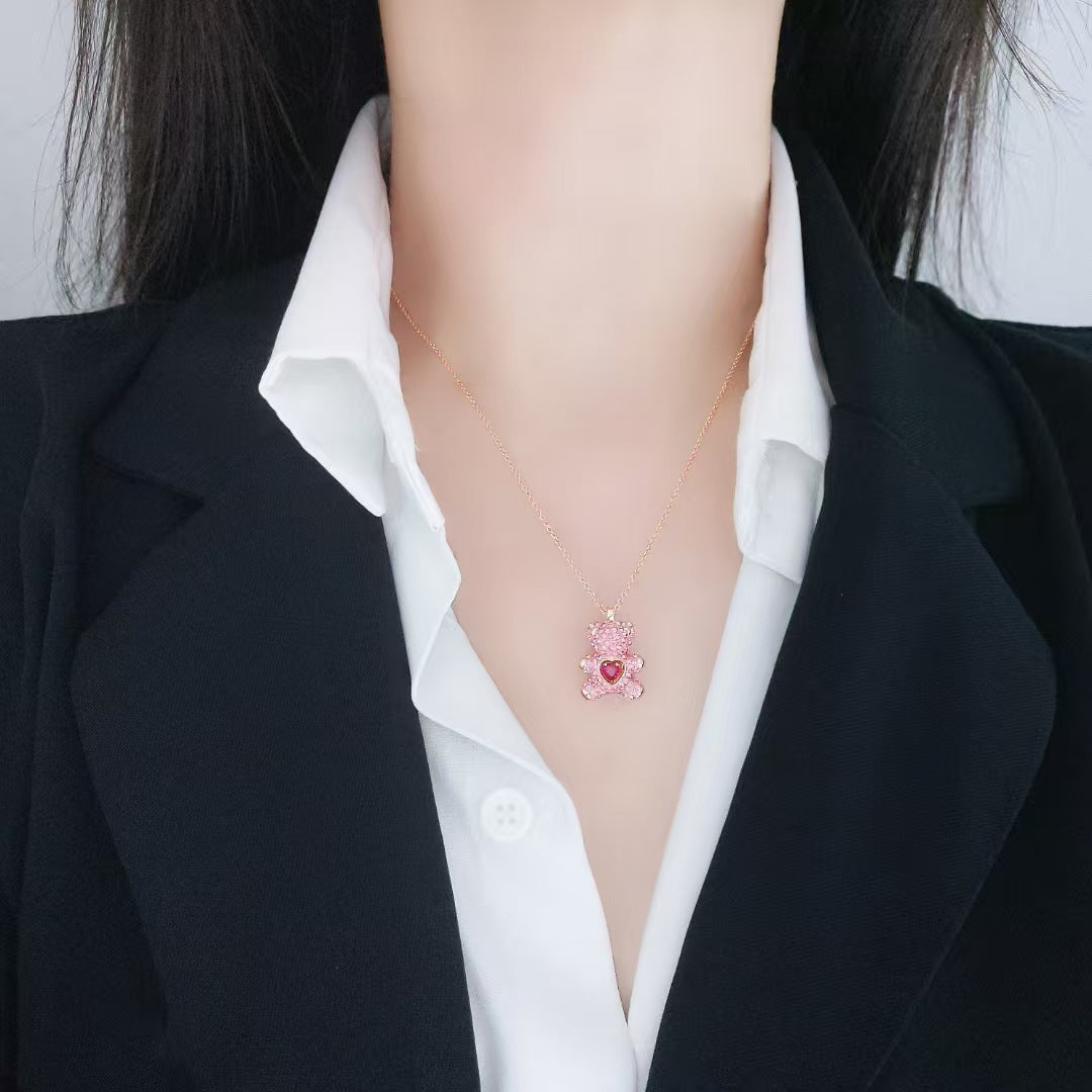 Beating Heart Teddy Bear Crystal Necklace