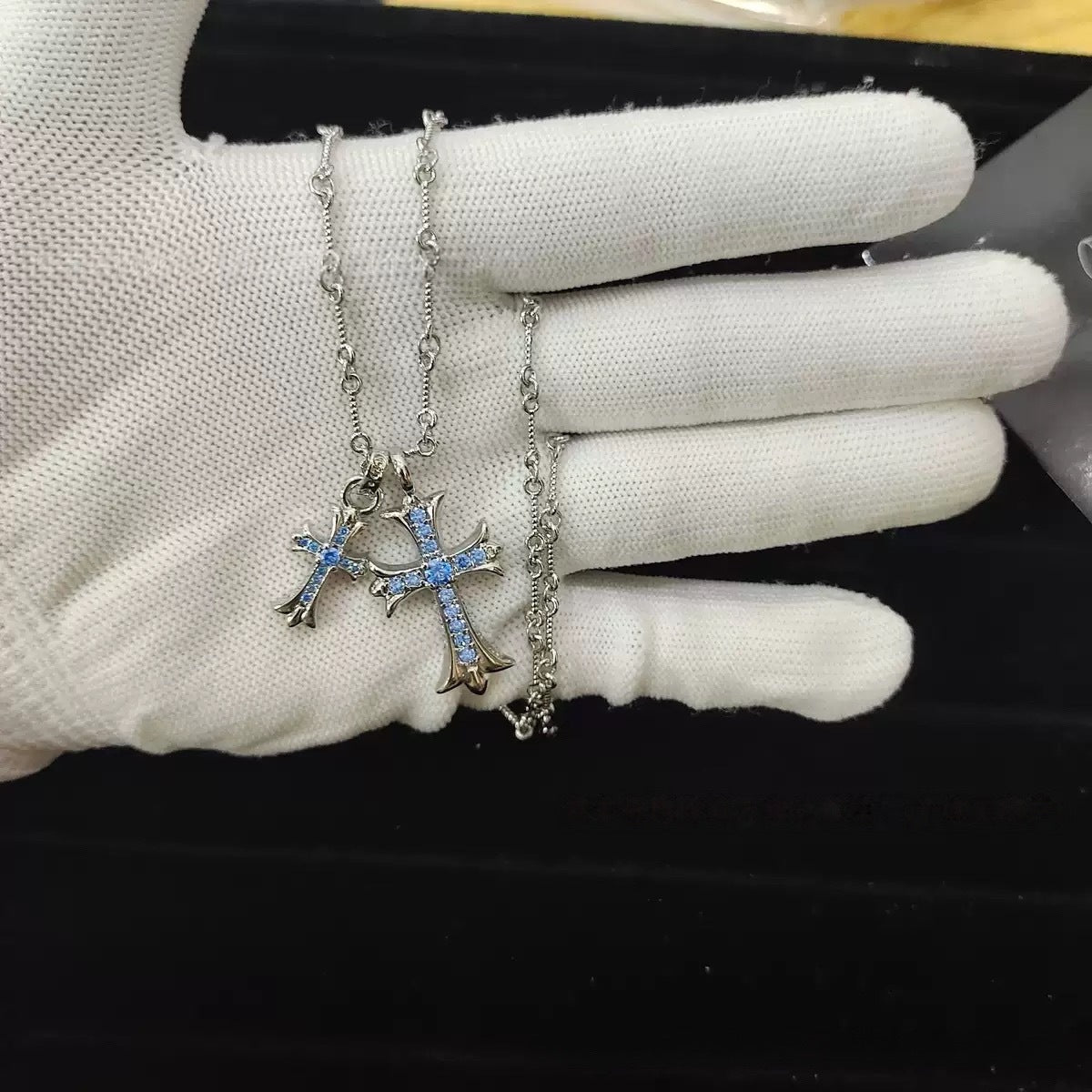 Double Cross Platinum Necklace