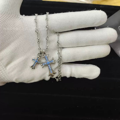 Double Cross Platinum Necklace