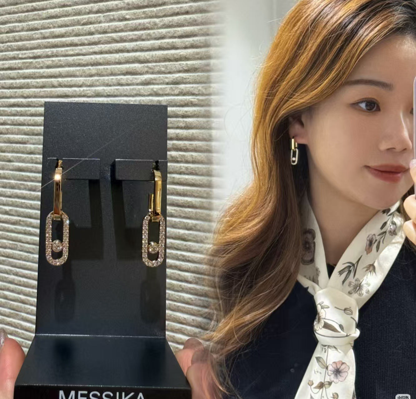 Model wearing gold-tone open link drop earrings with CZ accents