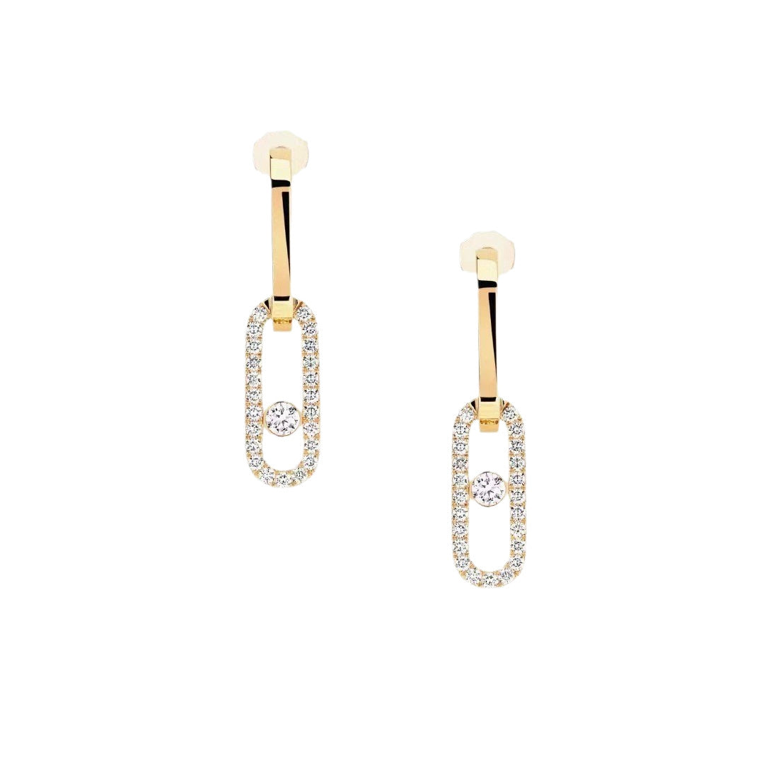 Gold-tone CZ sliding stone open link drop earrings on white