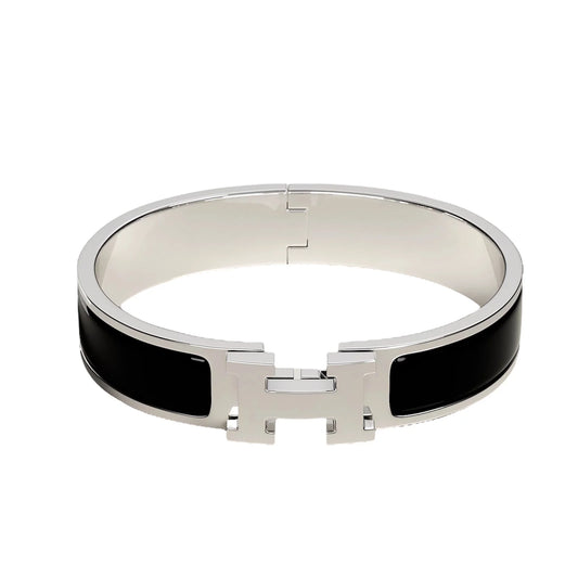 Signature H-Clasp Bangle – Minimalist & Secure Lock Bracelet, Everyday Luxury (Sliver / Black)