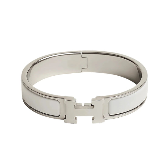Signature H-Clasp Bangle – Minimalist & Secure Lock Bracelet, Everyday Luxury (Sliver / White)