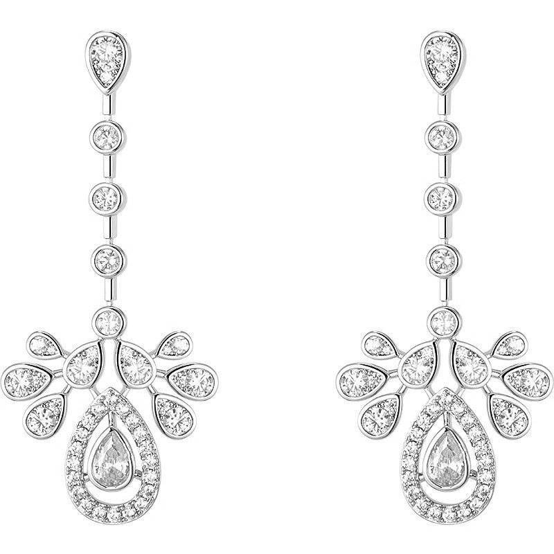 Silver-tone teardrop CZ chandelier earrings with crown-inspired detail