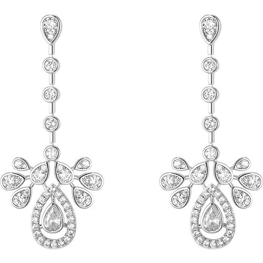 Silver-tone teardrop CZ chandelier earrings with crown-inspired detail