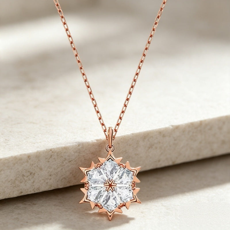 Crystal Snowflake Pendant Necklace in Rose Gold Tone