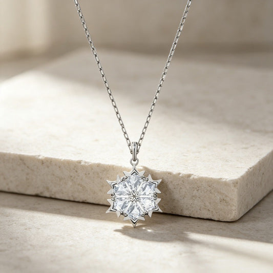 Crystal Snowflake Pendant Necklace in Silver Tone