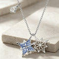 Blue Crystal and Open Star Pendant Necklace in Silver Tone