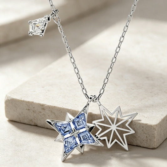 Blue Crystal and Open Star Pendant Necklace in Silver Tone